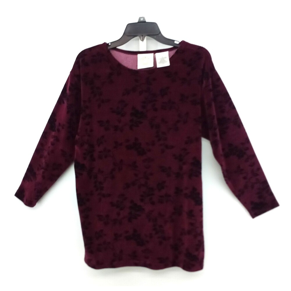 Erika & Company Blouse Women Size PM Burgundy Black Floral Faux Velvet Top
